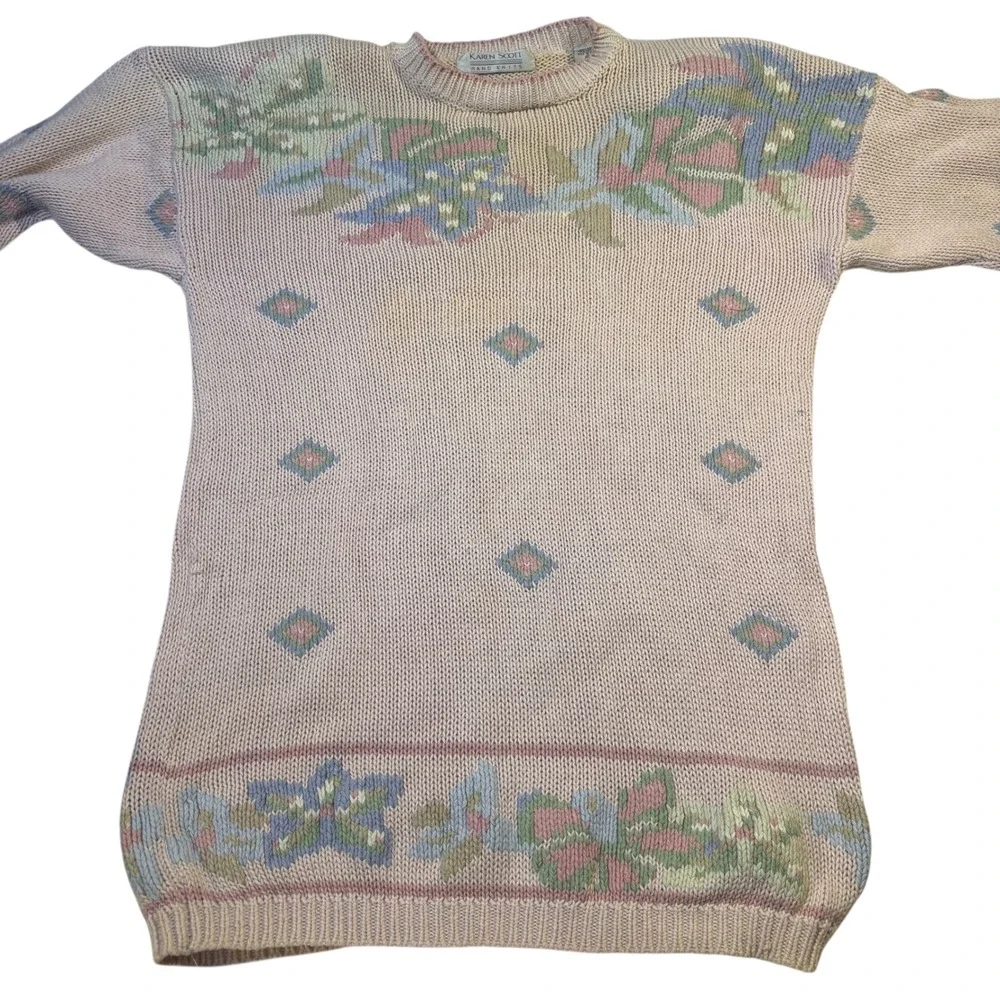 VTG Karen Scott Hand Knits Floral Diamond Pattern Sweater‎ Beige M**